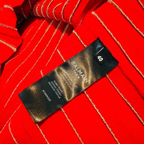 Balmain Paris Pleated Knit Dress Red Gold Cap Sleeve Mini Light DIY Luxury - 40 - Picture 14 of 15